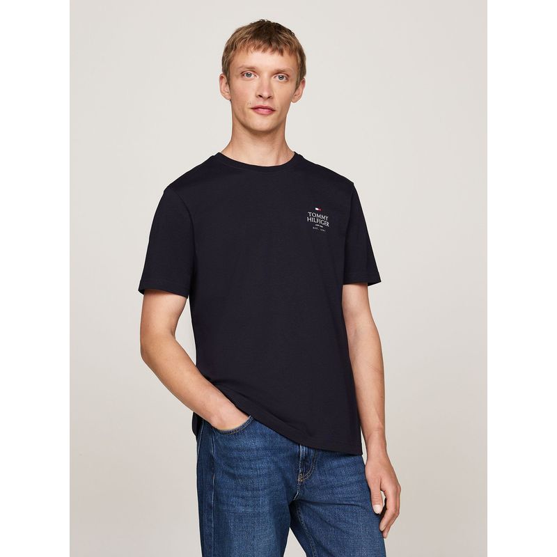 TOMMY HILFIGER - Polera De Cuello Redondo Con Logo Azul Tommy Hilfiger