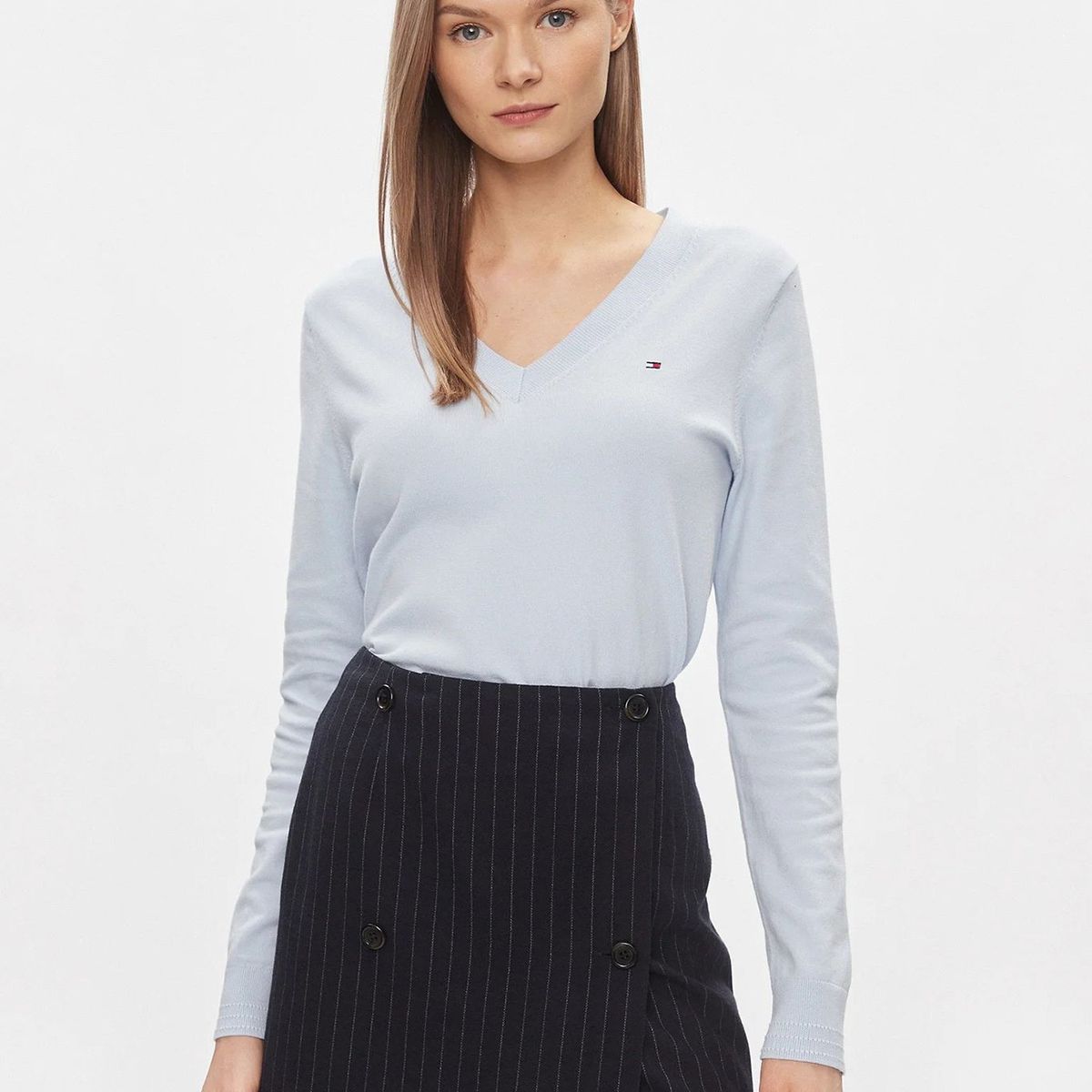 TOMMY HILFIGER - Sweater Solid V-Neck Celeste Tommy Hilfiger