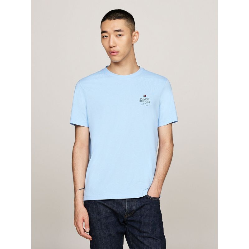 TOMMY HILFIGER - Polera De Cuello Redondo Con Logo Celeste Tommy Hilfiger