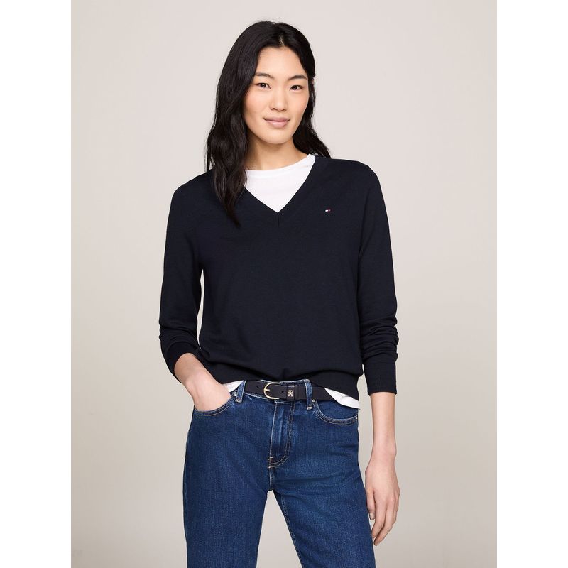 TOMMY HILFIGER - Sweater De Cuello V Con Logo Azul Tommy Hilfiger