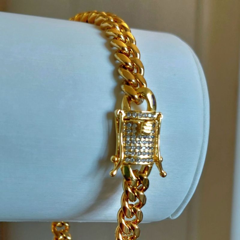 GENERICO - Pulsera ORO LAMINADO 18K Tejido CUBANA BROCHE CAJÓN Con brillantes