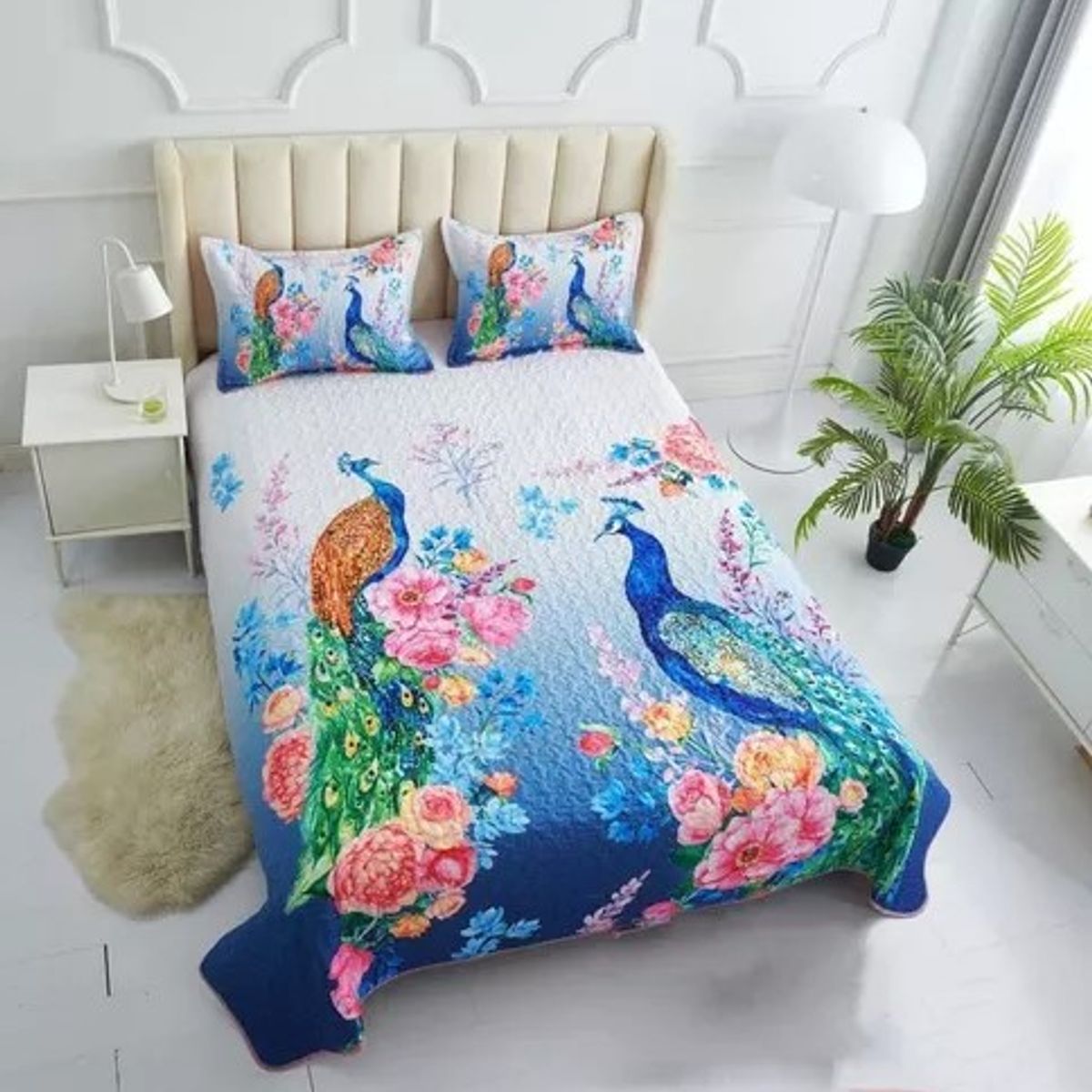 GENERICO - CUBRECAMA DE VERANO QUILT 3D DE 2 PLAZA DISEÑO PAVO REAL WYM