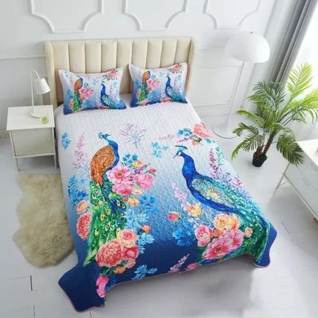 GENERICO - CUBRECAMA DE VERANO QUILT 3D DE 2 PLAZA DISEÑO PAVO REAL WYM