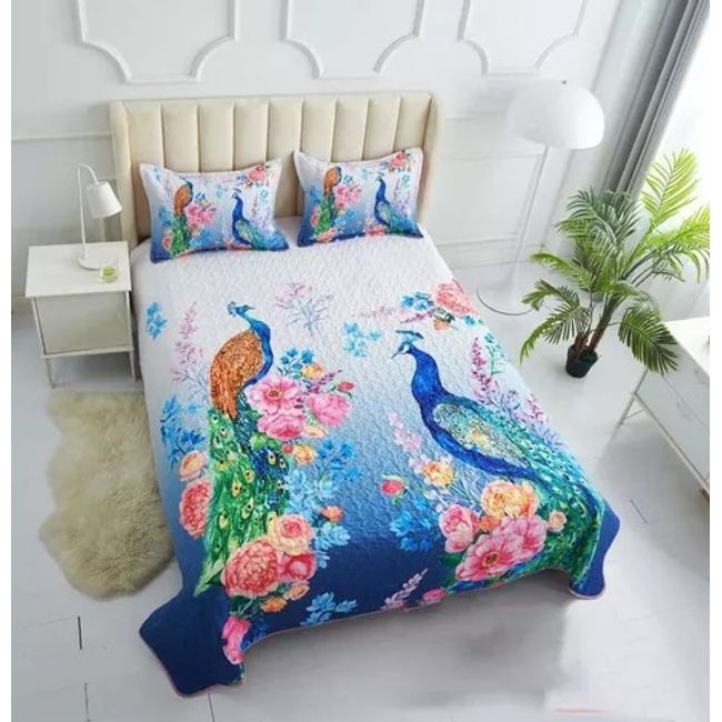 GENERICO - CUBRECAMA DE VERANO QUILT 3D DE 2 PLAZA DISEÑO PAVO REAL WYM