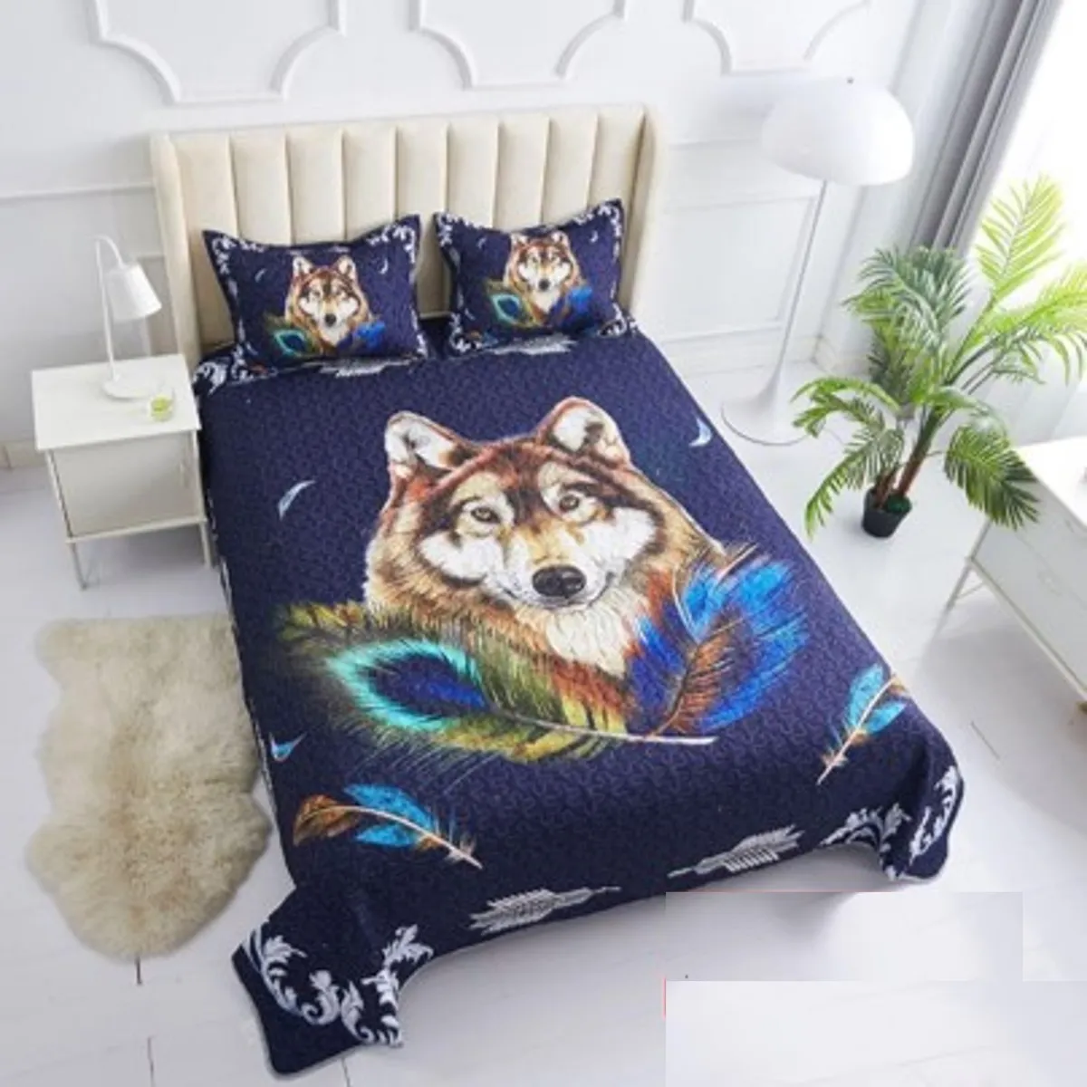 GENERICO - CUBRECAMA DE VERANO QUILT 3D DE 2 PLAZA DISEÑO LOBO WYM