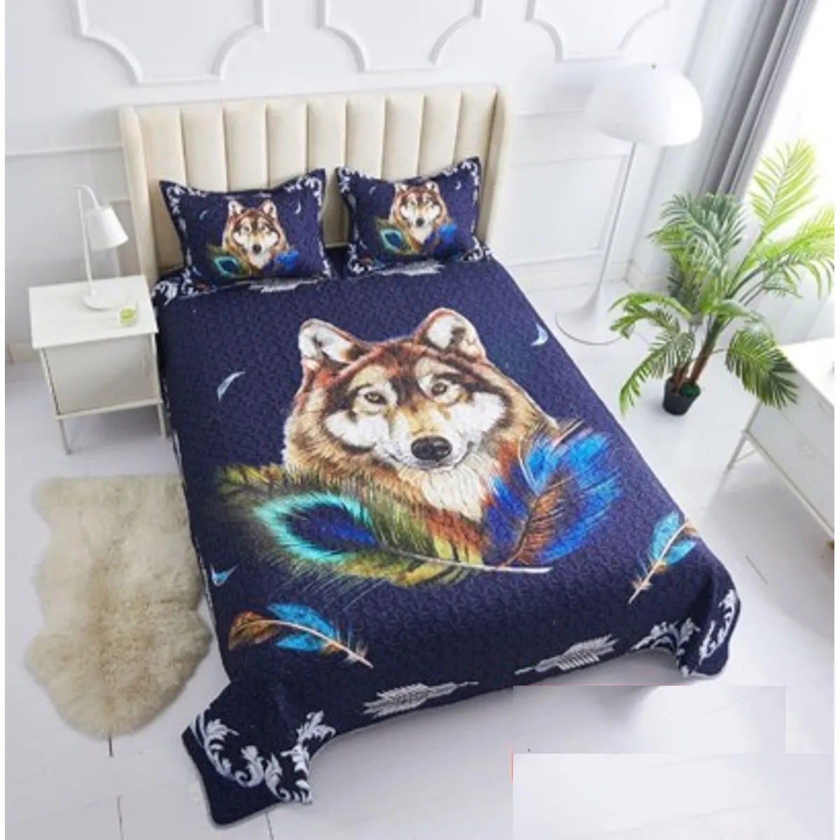 GENERICO - CUBRECAMA DE VERANO QUILT 3D DE 2 PLAZA DISEÑO LOBO WYM