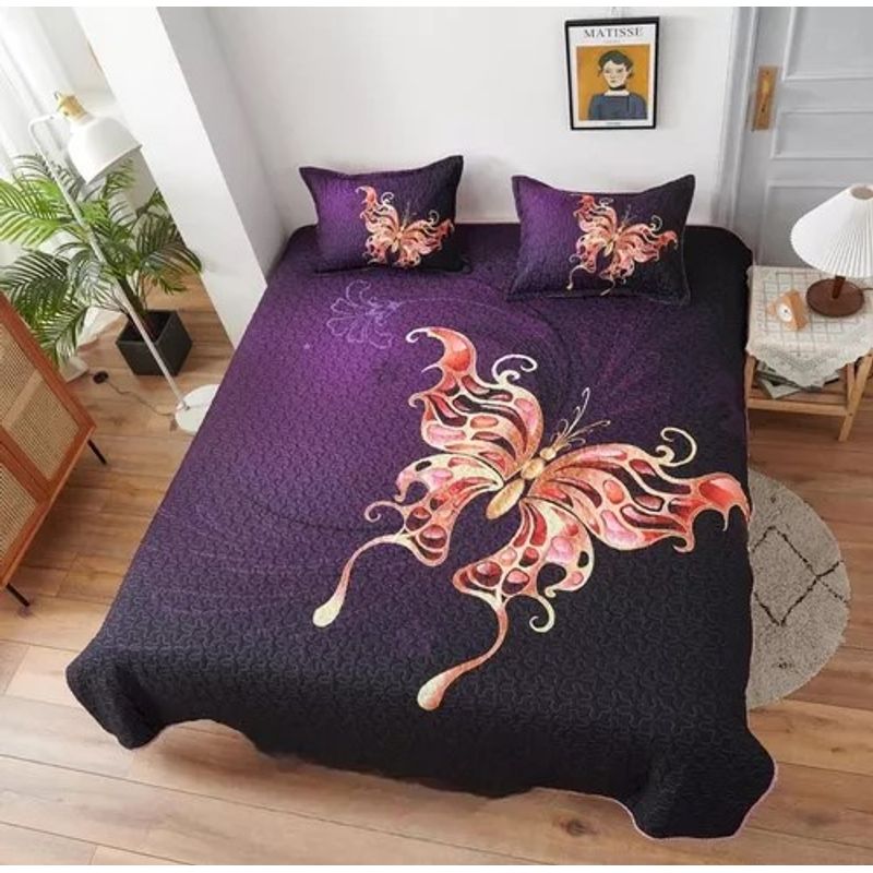 GENERICO - CUBRECAMA DE VERANO QUILT 3D DE 2 PLAZA DISEÑO VIOLETA MARIPOSA WYM
