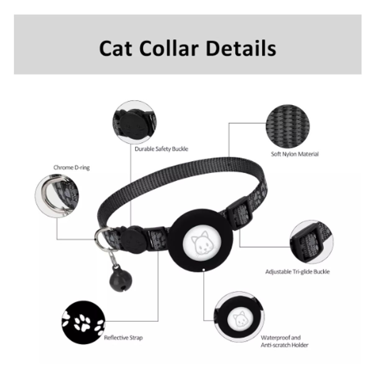 GENERICO - Collar Reflectante Con Soporte Airtag Anti Ahorque Para Gato