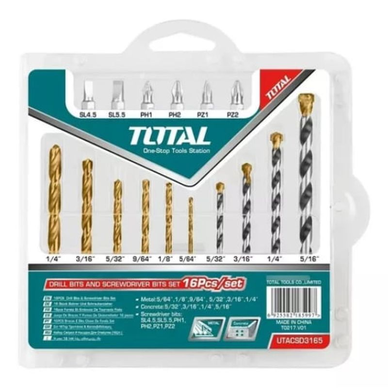 TOTAL - Juego Set de Brocas y Puntas de Destornillador 16 piezas