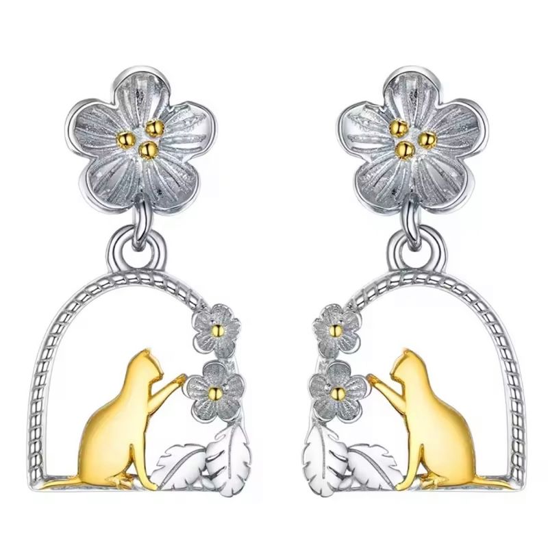 GENERICO - Aros pendiente gato flor plata 925 joya juvenil mujer