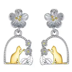 GENERICO - Aros pendiente gato flor plata 925 joya juvenil mujer
