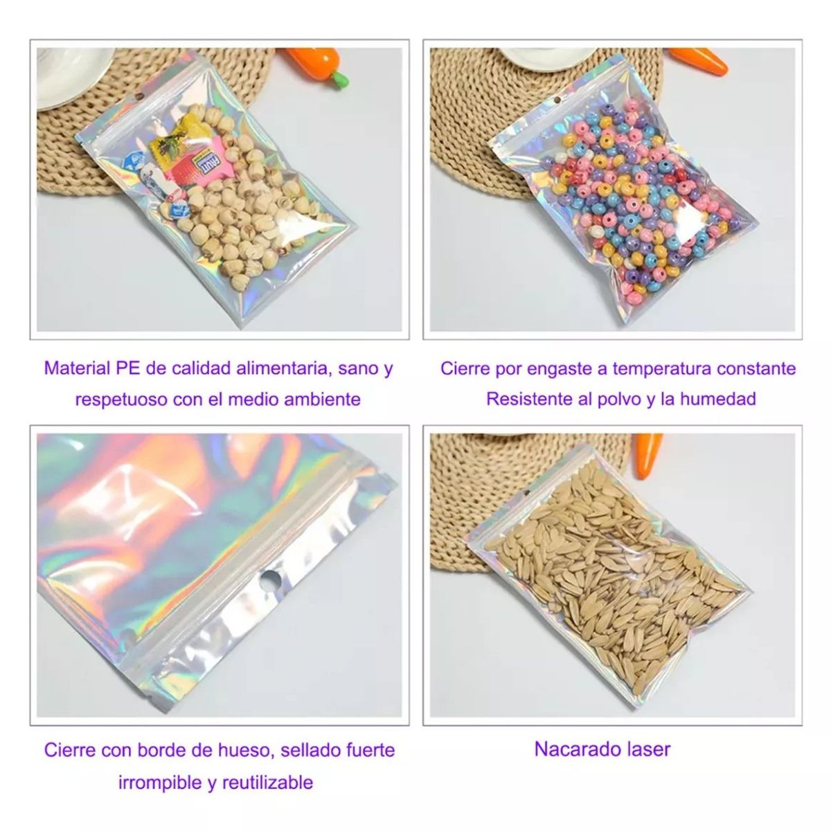 KUANGYE - 200 Bolsas Pouch Holográficas A Prueba De Olores Con Cierre