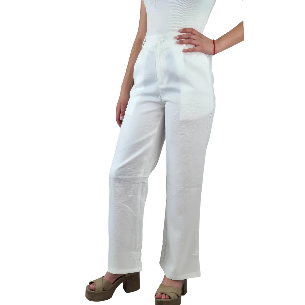 LIKE SHOP - Pantalón Vestir Semi Formal Tipo Lino Recto Casual Tiro Alto 096