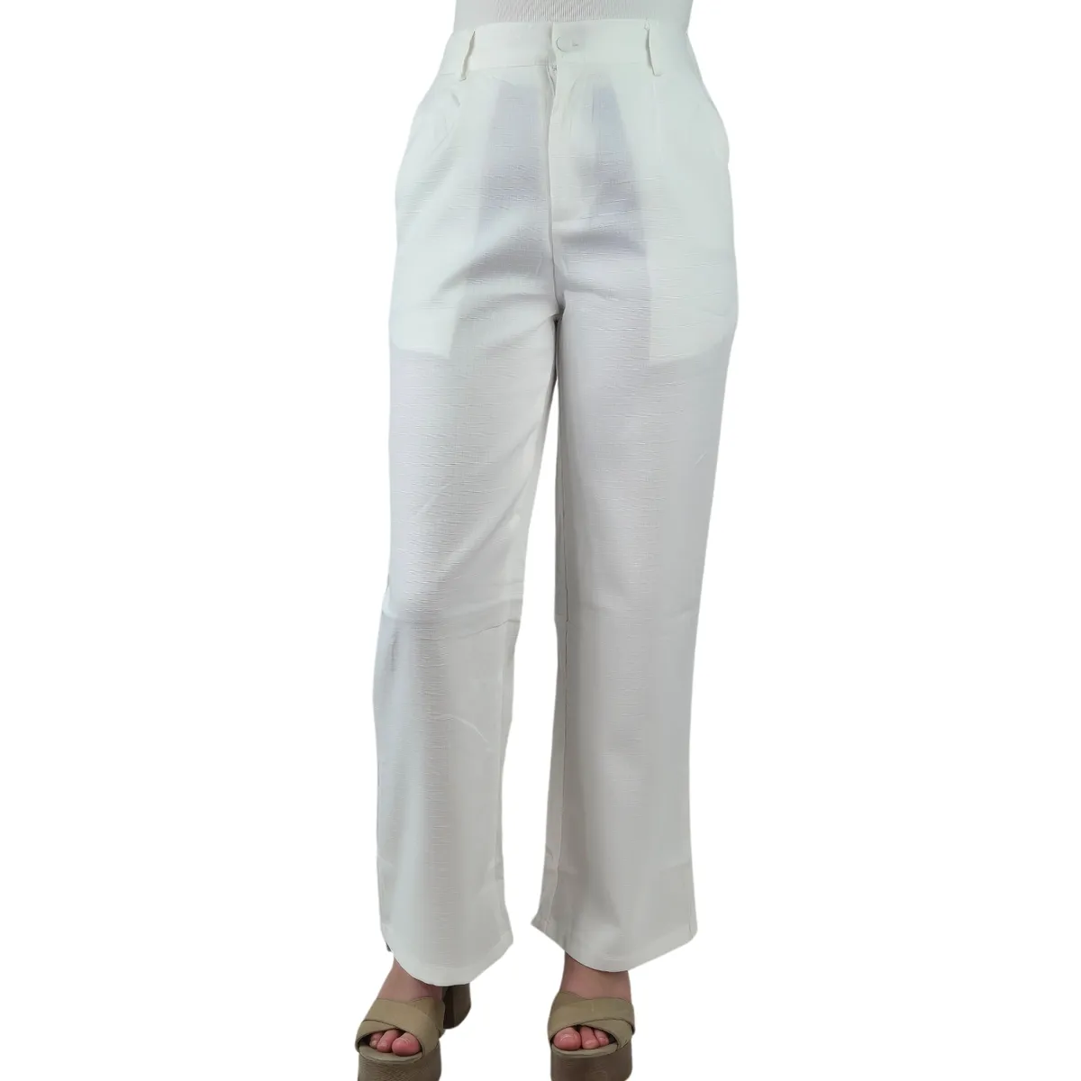 LIKE SHOP - Pantalón Vestir Semi Formal Tipo Lino Recto Casual Tiro Alto 096