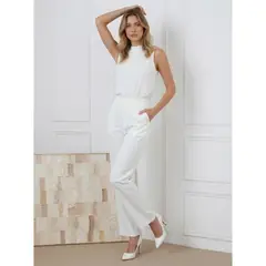 LIKE SHOP - Pantalón Vestir Semi Formal Tipo Lino Recto Casual Tiro Alto 096