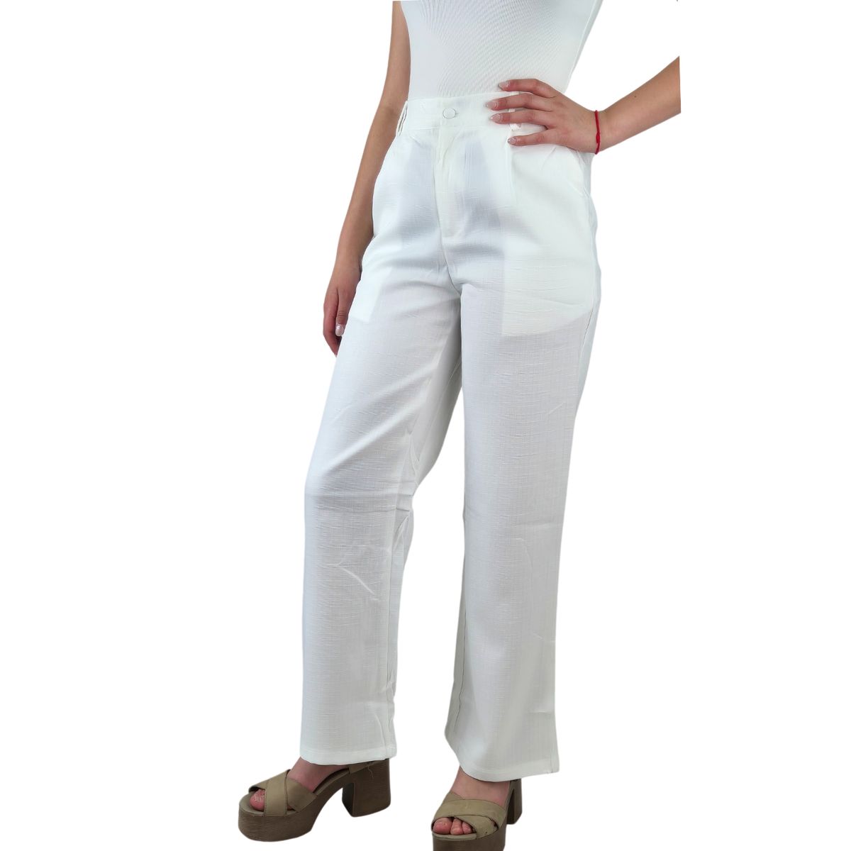 LIKE SHOP - Pantalón Vestir Semi Formal Tipo Lino Recto Casual Tiro Alto 096