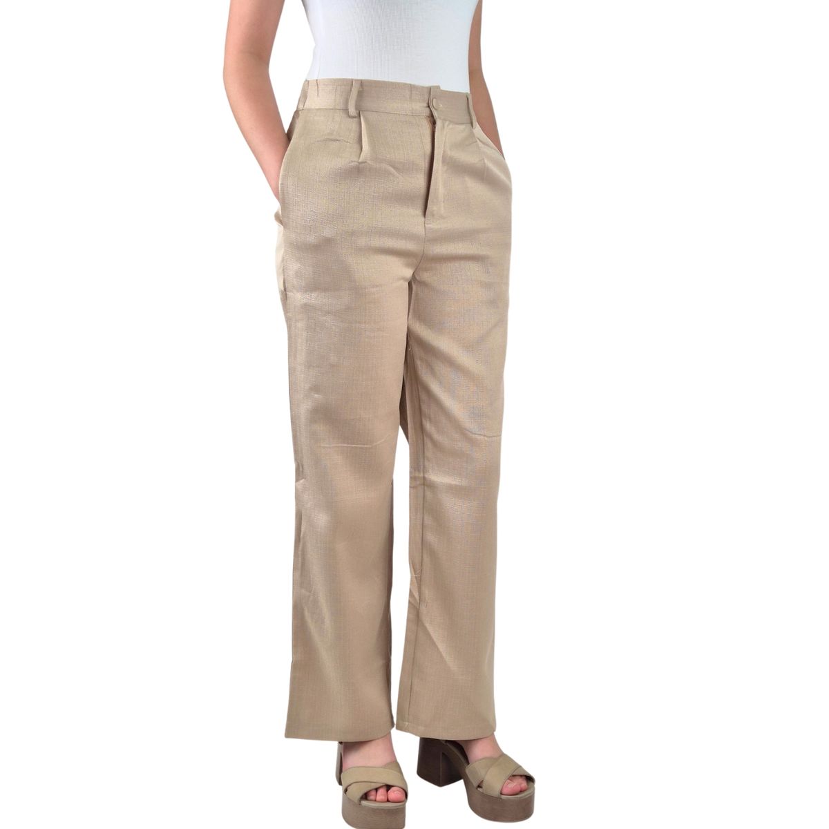 LIKE SHOP - Pantalón Vestir Semi Formal Tipo Lino Recto Casual Tiro Alto 096