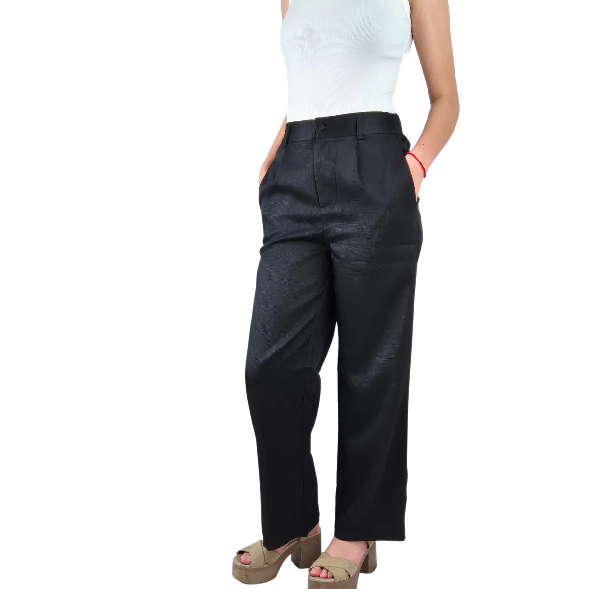 LIKE SHOP - Pantalón Vestir Semi Formal Tipo Lino Recto Casual Tiro Alto 096