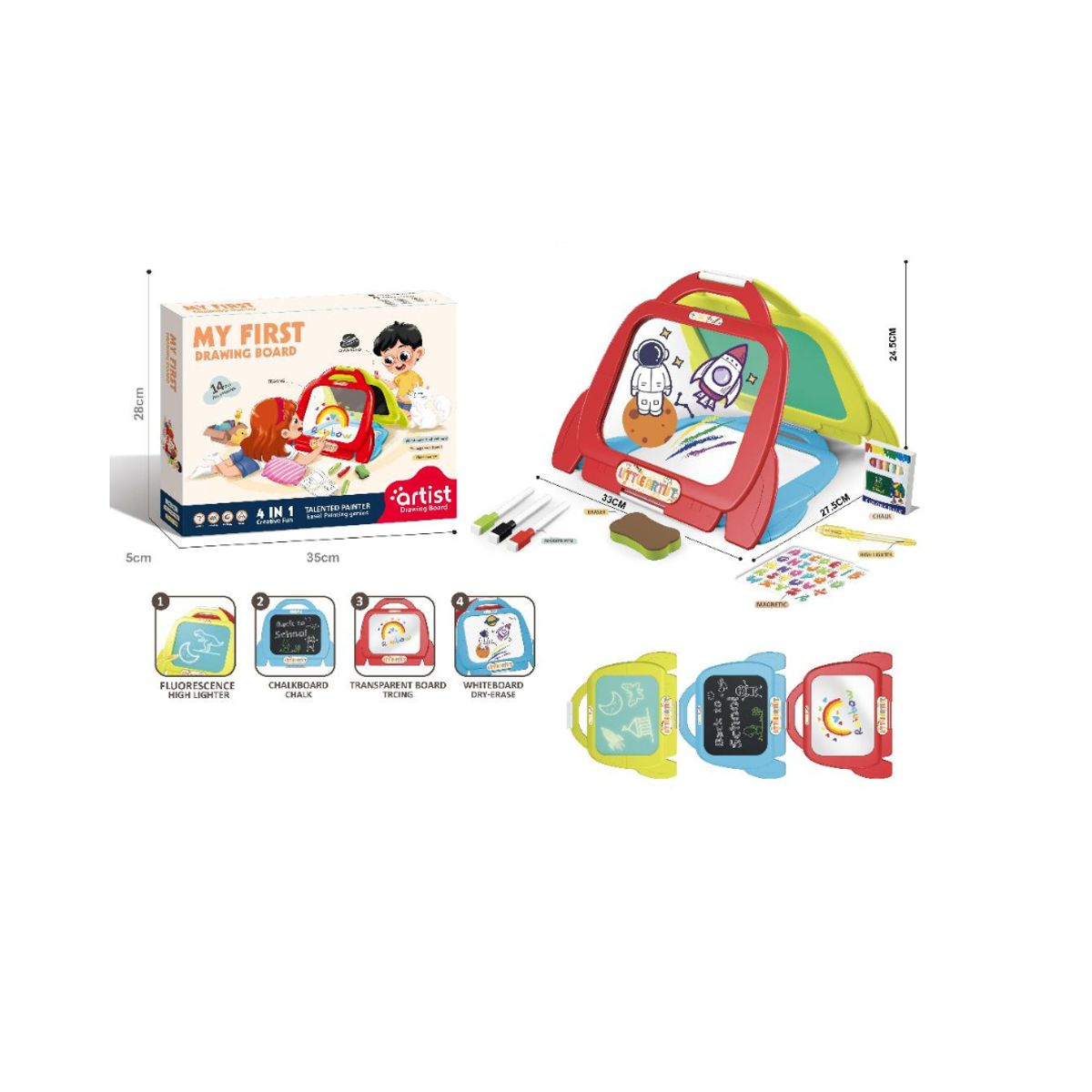 GENERICO - Pizarra Didáctica Tablero Magnético 4 En 1 Para Niños