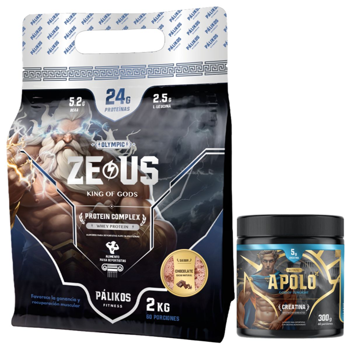 PALIKOS FITNESS - Proteina Zeus Complex 2kg Sabor Chocolate y Creatina 300g Apolo