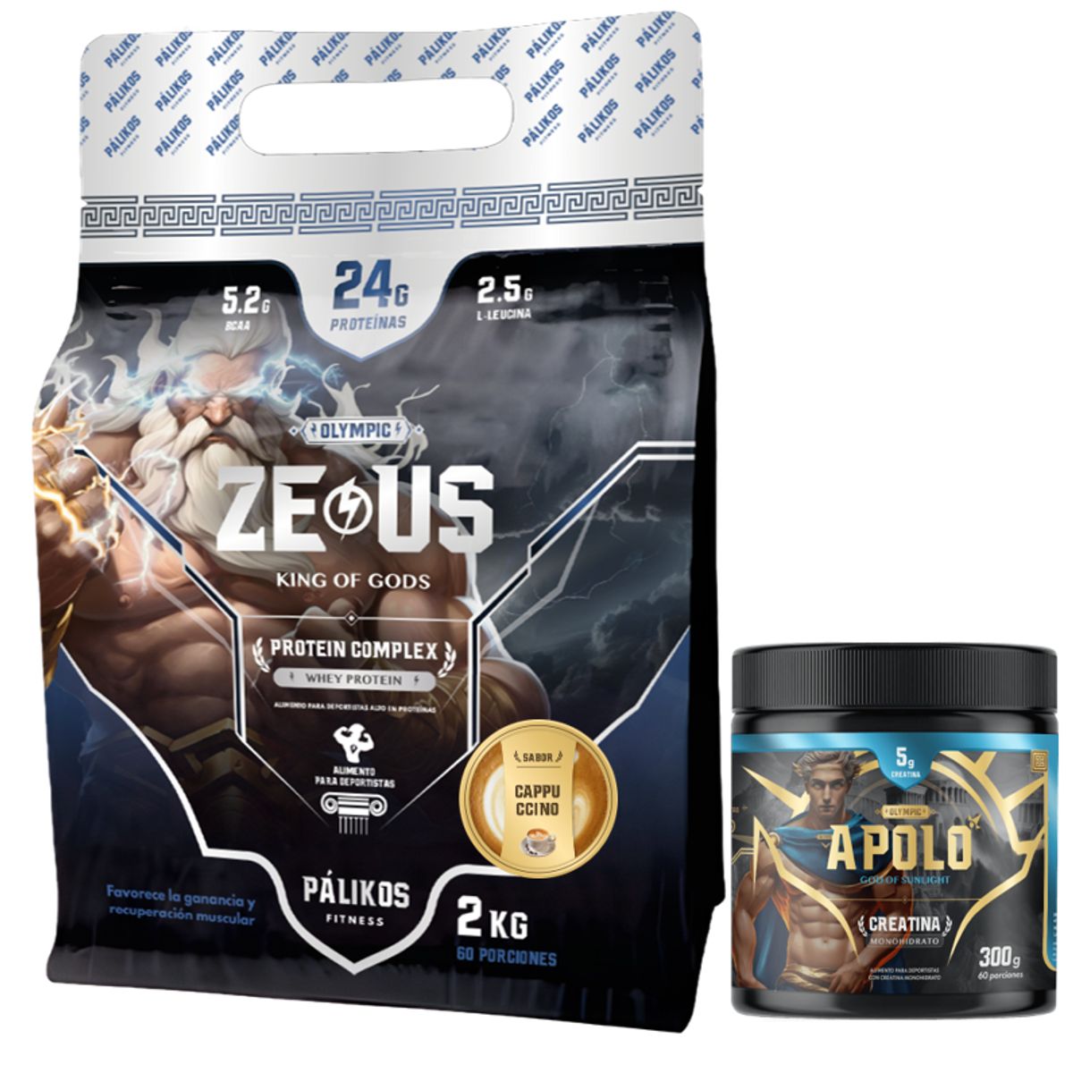 PALIKOS FITNESS - Proteina Zeus Complex 2kg Sabor Cappuccino y Creatina 300g Apolo