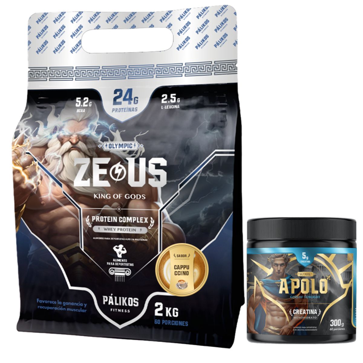 PALIKOS FITNESS - Proteina Zeus Complex 2kg Sabor Cappuccino y Creatina 300g Apolo