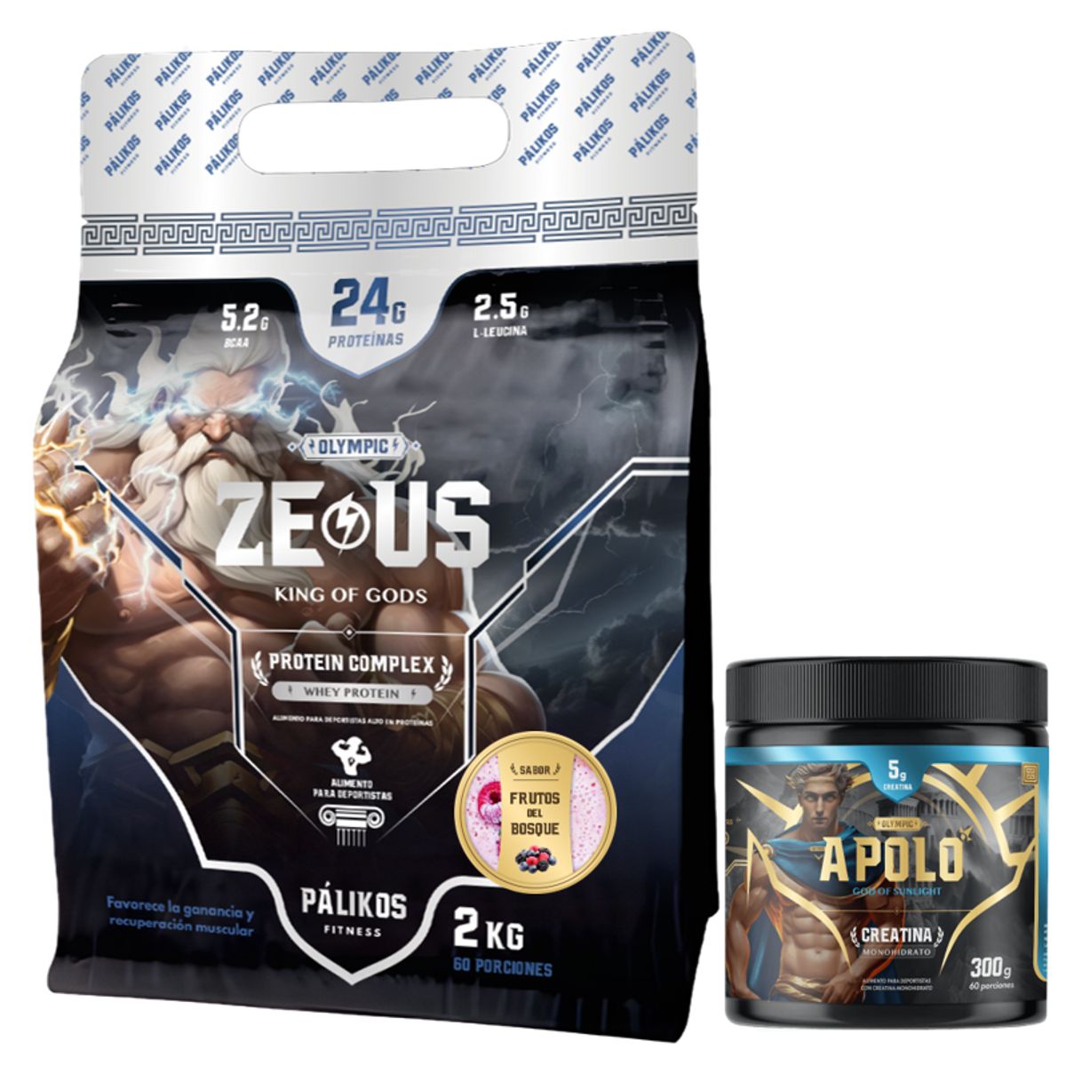 PALIKOS FITNESS - Proteina Zeus Complex 2kg Sabor Frutos el bosque y Creatina 300g Apolo