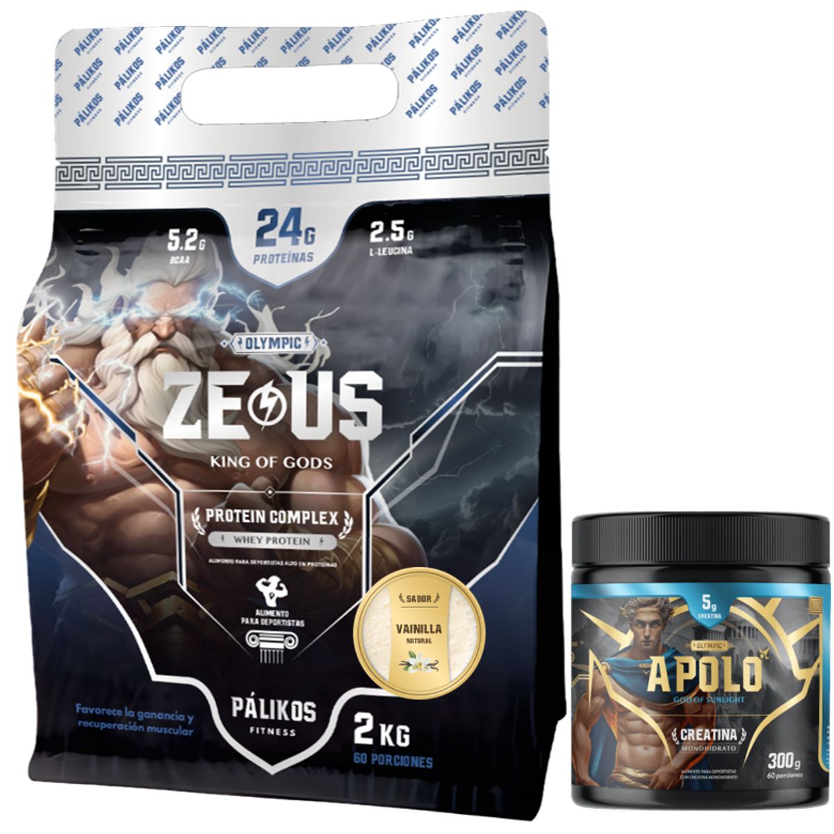 PALIKOS FITNESS - Proteina Zeus Complex 2kg Sabor Vainilla y Creatina 300g Apolo