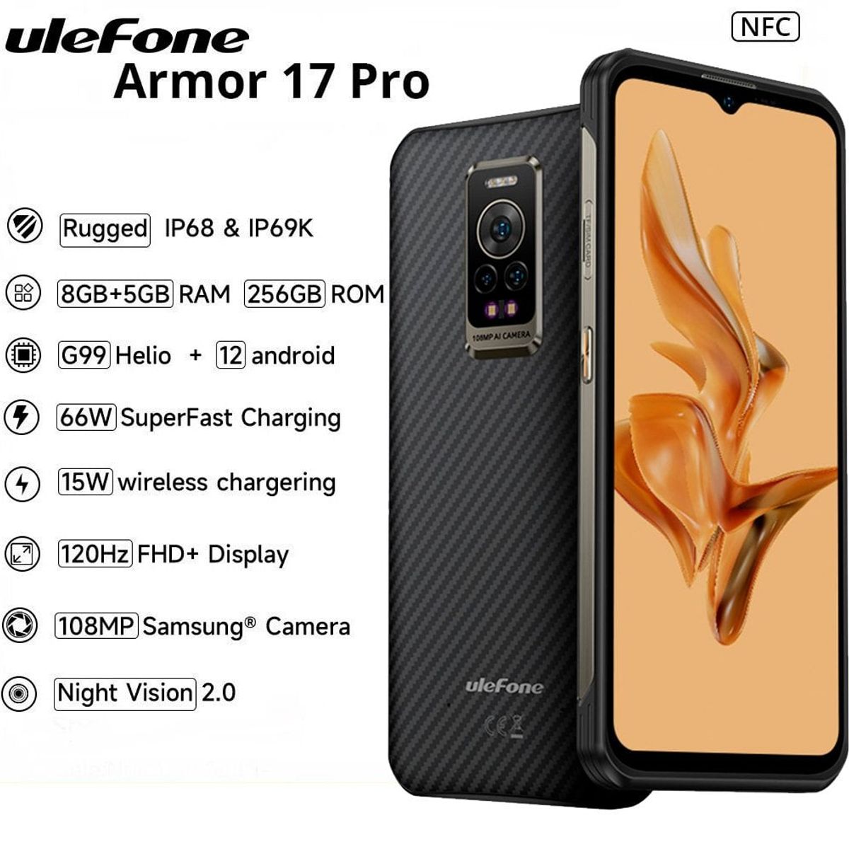 ULEFONE - Armor 17 Pro - Celular Indestructible - Cámara Visión Nocturna Desbloqueo Facial y Huella Dactilar