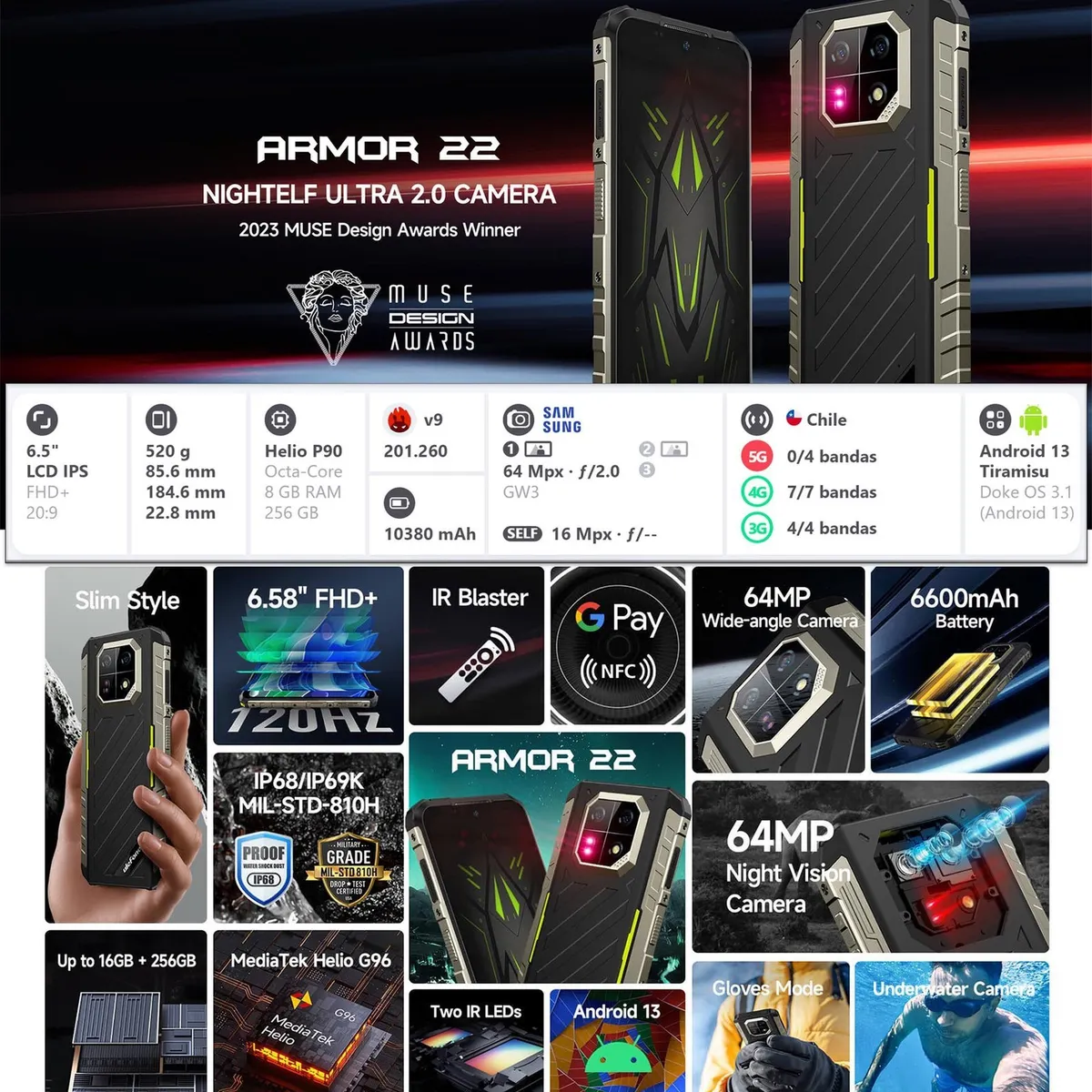 ULEFONE - Ulefone Armor 22 - Celular Indestructible - Cámara Visión Nocturna Pantalla Funciona con Guantes