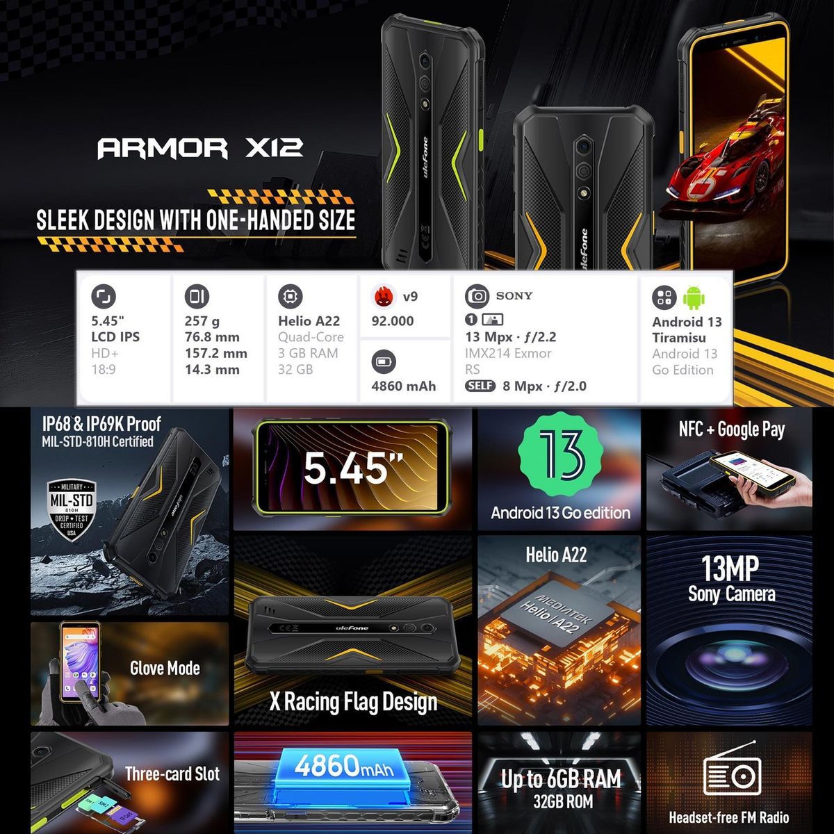 ULEFONE - Ulefone Armor X12 - Celular Indestructible - Pantalla Funciona con Guantes Desbloqueo Facial