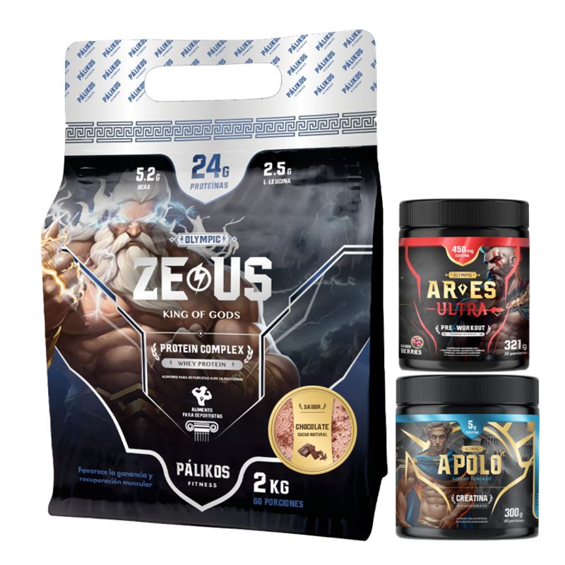 PALIKOS FITNESS - Proteina Zeus 2kg Chocolate+ Creatina 300g + Pre entreno 321g