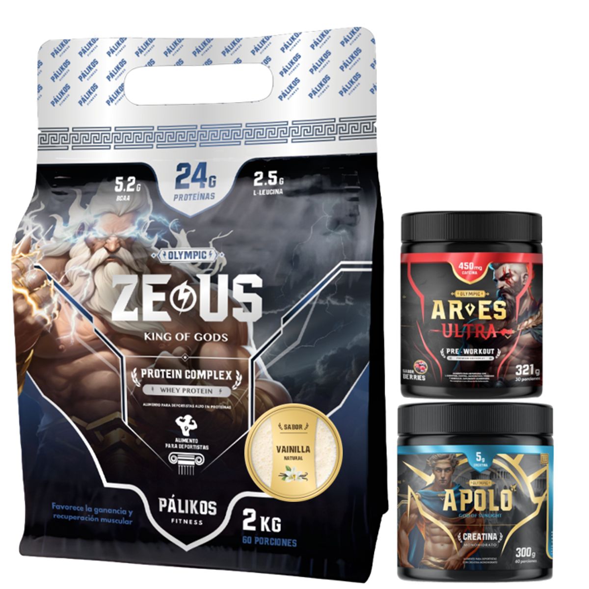 PALIKOS FITNESS - Proteina Zeus 2kg Vainilla + Creatina 300g + Pre entreno 321g