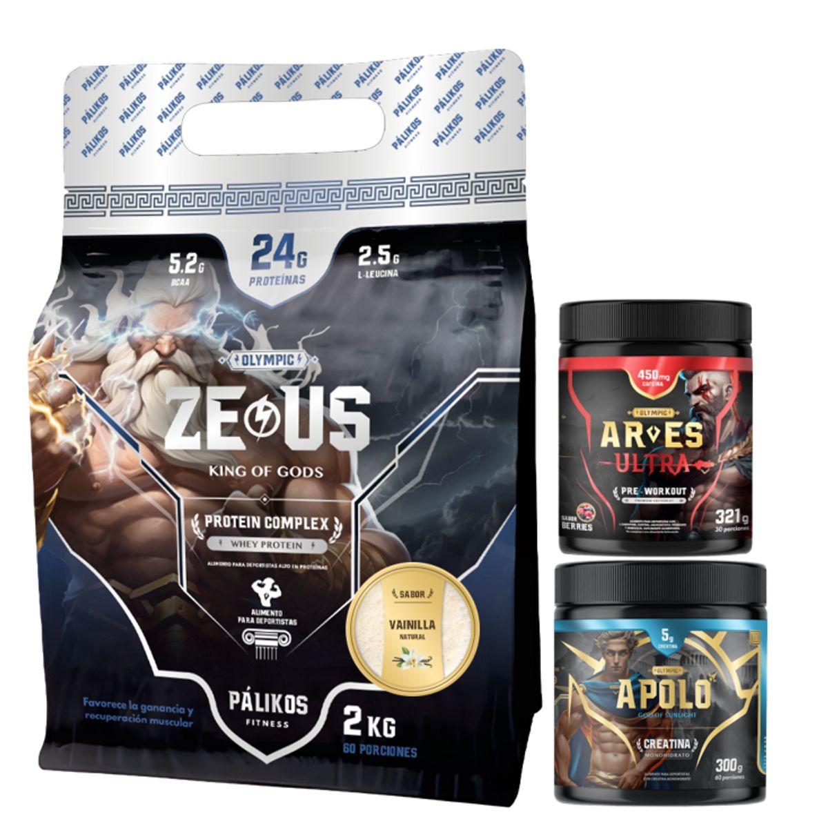 PALIKOS FITNESS - Proteina Zeus 2kg Vainilla + Creatina 300g + Pre entreno 321g