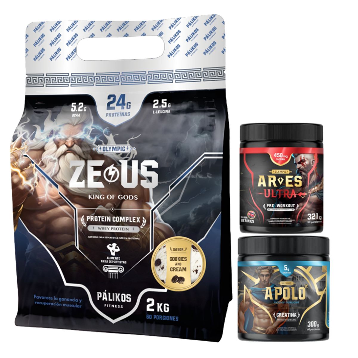 PALIKOS FITNESS - Proteina Zeus 2kg Cookies and Cream + Creatina 300g + Pre entreno 321g