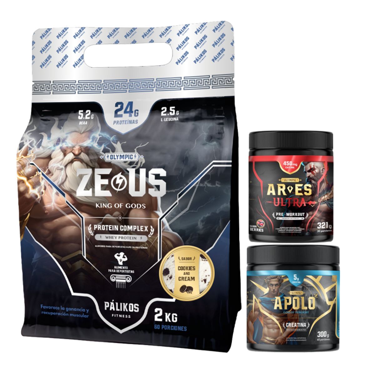 PALIKOS FITNESS - Proteina Zeus 2kg Cookies and Cream + Creatina 300g + Pre entreno 321g