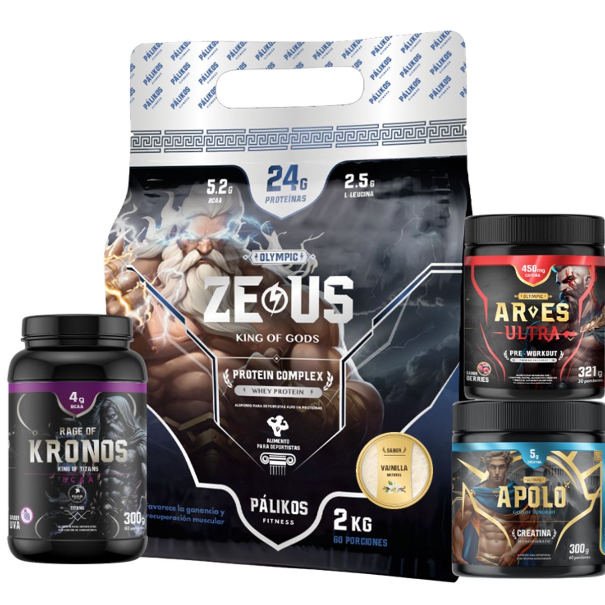 PALIKOS FITNESS - Proteína CP 2kg Vaini + Crea 300g + Preentreno 321g + Aminoácido 300g