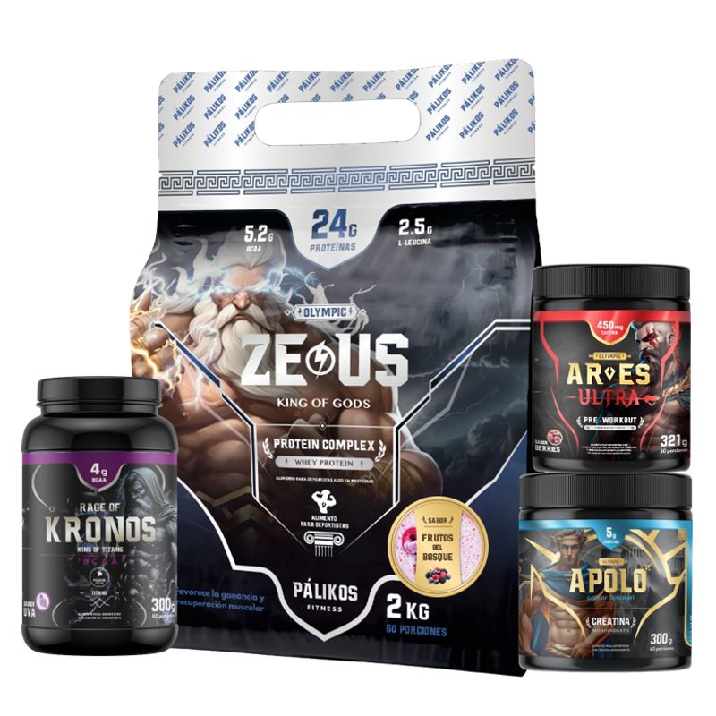 PALIKOS FITNESS - Proteína CP 2kg Frutos + Crea 300g + Preentreno 321g + Aminoácido 300g