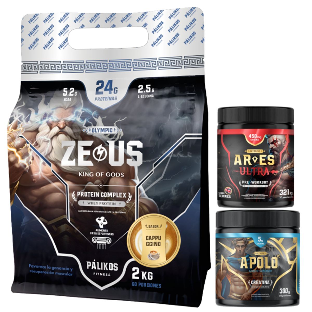 PALIKOS FITNESS - Proteina Zeus 2kg Cappuccino + Creatina 300g + Pre entreno 321g