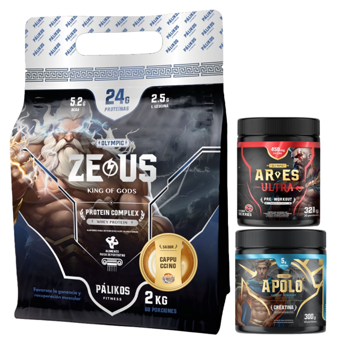 PALIKOS FITNESS - Proteina Zeus 2kg Cappuccino + Creatina 300g + Pre entreno 321g