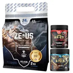PALIKOS FITNESS - Proteina Zeus 2kg Cappuccino + Creatina 300g + Pre entreno 321g