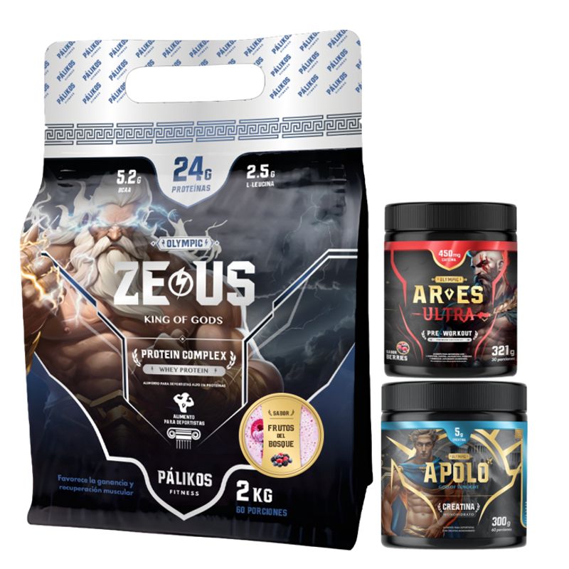 PALIKOS FITNESS - Proteina Zeus 2kg Frutos del bosque + Creatina 300g + Pre entreno 321g