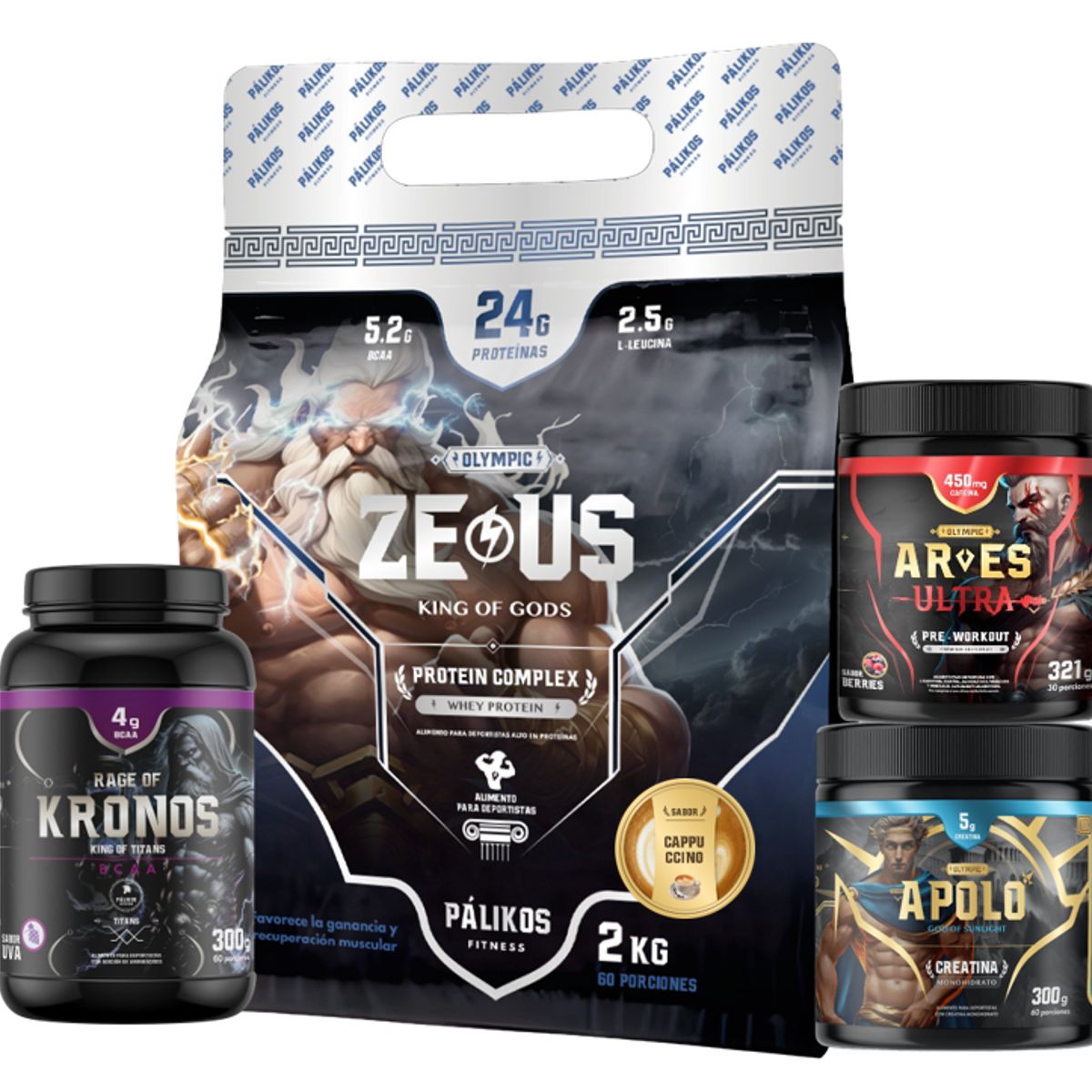 PALIKOS FITNESS - Proteína CP 2kg Cappu + Crea 300g + Preentreno 321g + Aminoácido 300g