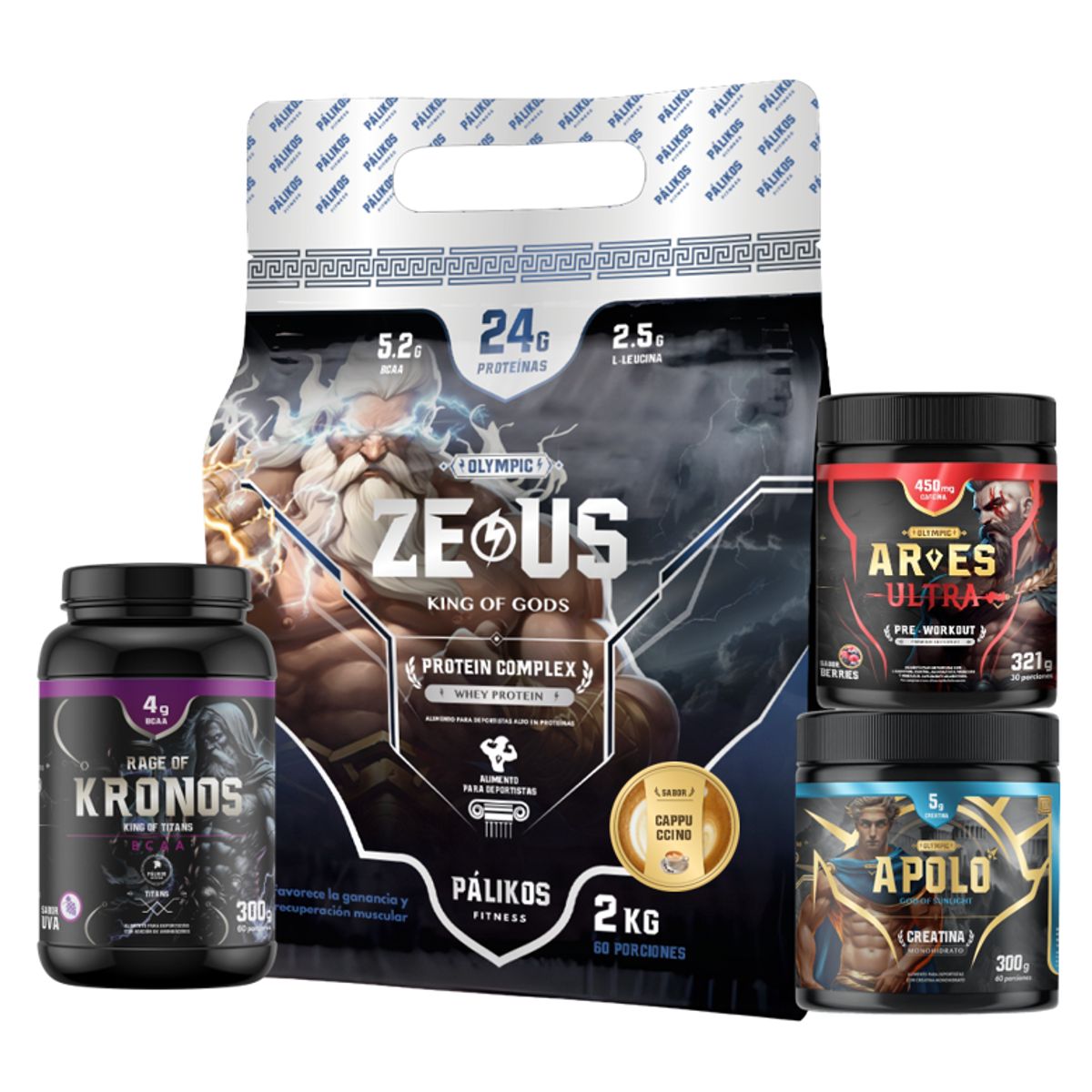 PALIKOS FITNESS - Proteína CP 2kg Cappu + Crea 300g + Preentreno 321g + Aminoácido 300g