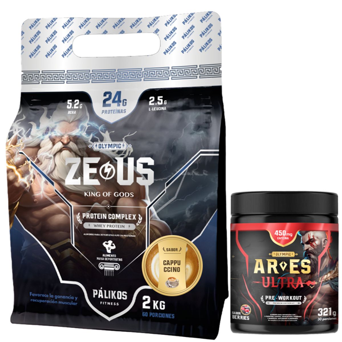 PALIKOS FITNESS - Proteína Zeus Complex 2kg Cappuccino y Pre entreno Ares 321g