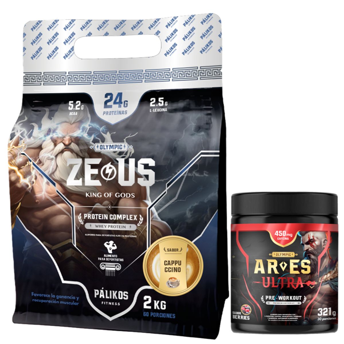 PALIKOS FITNESS - Proteína Zeus Complex 2kg Cappuccino y Pre entreno Ares 321g