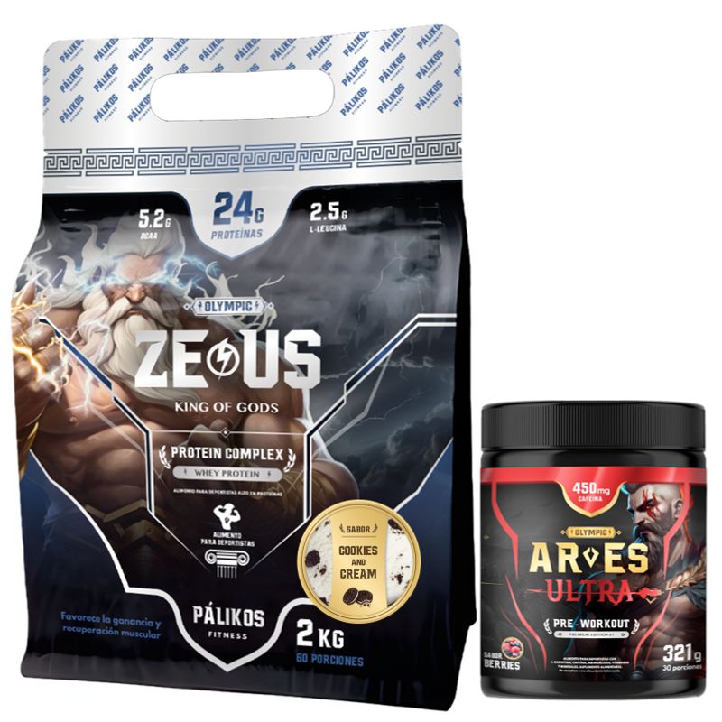 PALIKOS FITNESS - Proteína Zeus Complex 2kg Cookies and Creams y Pre entreno Ares 321g