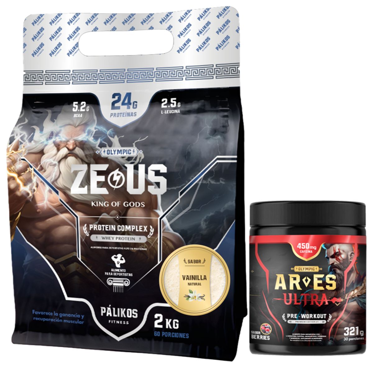 PALIKOS FITNESS - Proteína Zeus Complex 2kg Vainilla y Pre entreno Ares 321g