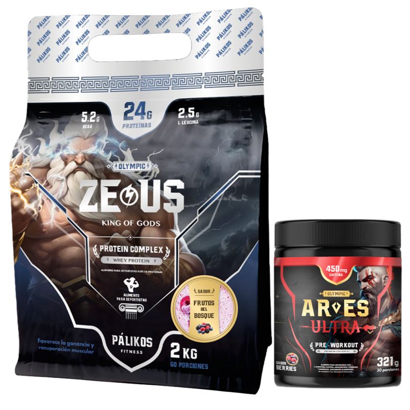 PALIKOS FITNESS - Proteína Zeus Complex 2kg Frutos del bosque y Pre entreno Ares 321g