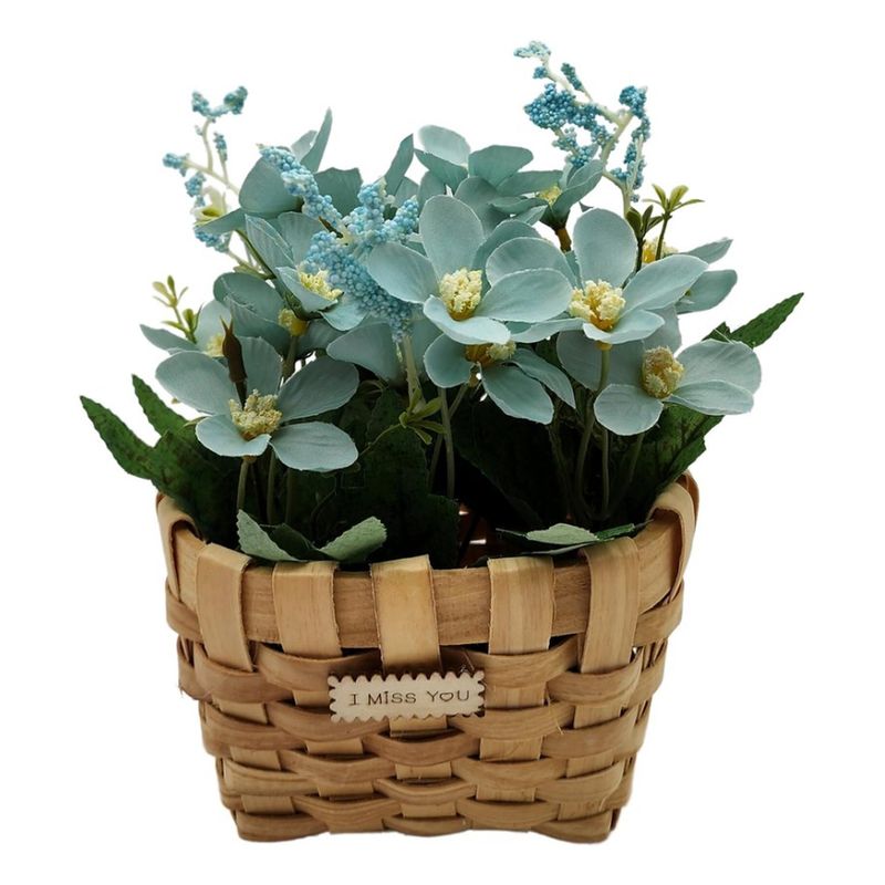 GENERICO - Planta Artificial Macetero Estilo Mimbre Flores Celestes